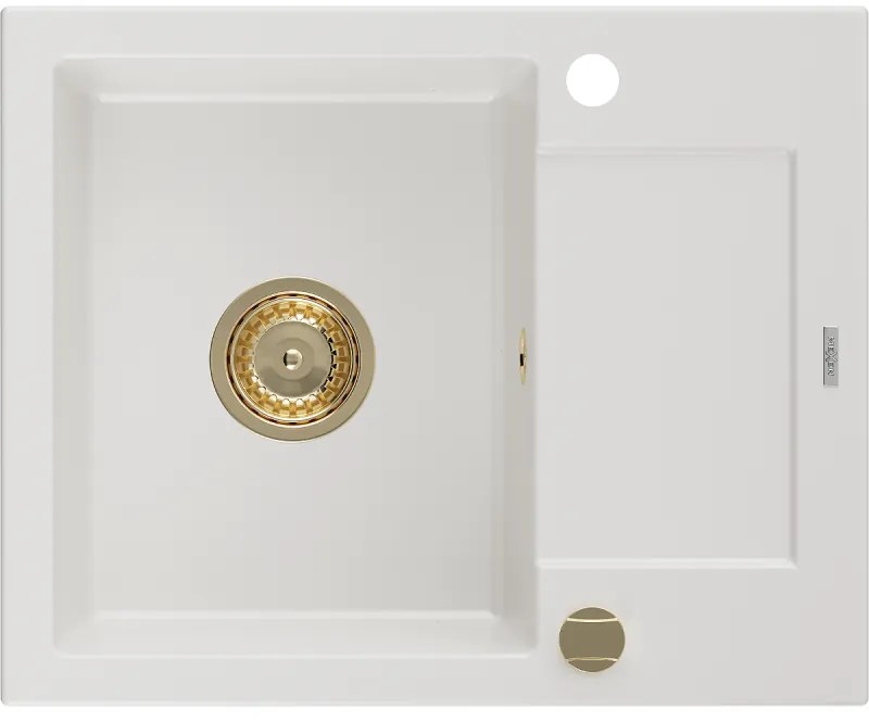 Mexen Enzo1-medencés gránit mosogató edényszárítóval 576 x 465 mm, Fehér, szifon Arany - 6506571005-20-G