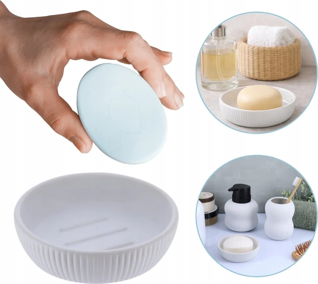 Fürdőszobai Szappantartó, Kerek, Kőhatású, Fehér, Tartós