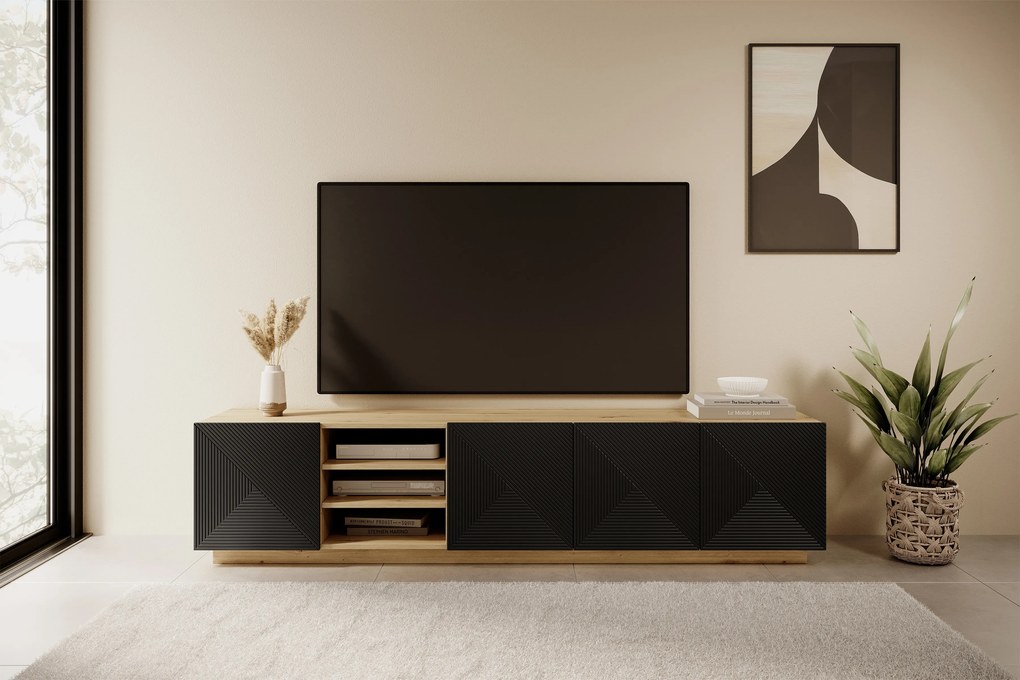 Asha TV-szekrény 200 cm, bordázott előlap és nyitott polc - artisan / fekete matt
