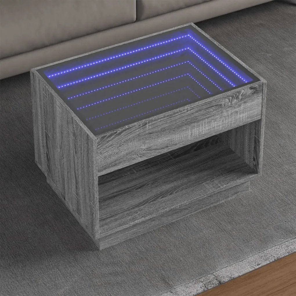Szürke sonoma végtelen hatású LED-es dohányzóasztal 70x50x50 cm