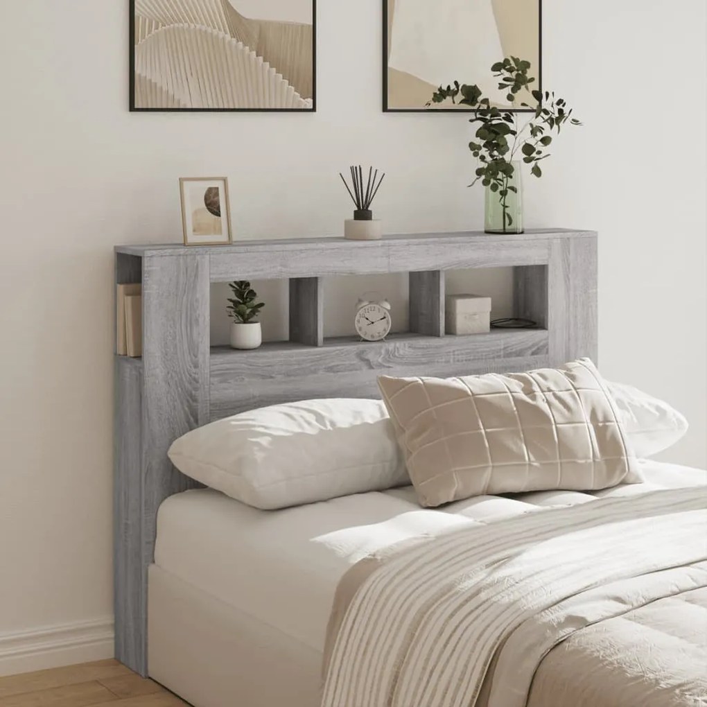 szürke sonoma szerelt fa LED-es fejtámla 140x18,5x103,5 cm