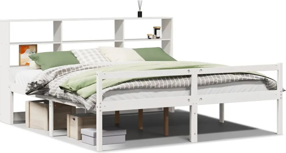 vidaXL fehér tömör fenyőfa könyvespolcos ágy matrac nélkül 180x200 cm