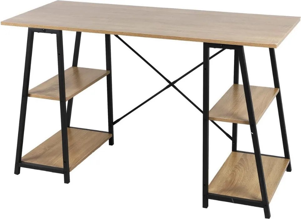 Polcos íróasztal / számítógépasztal 120×50 cm, masszív fém vázzal, fekete–aranytölgy – Intenso Home