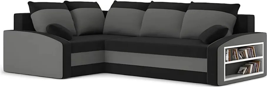 Grande sarokkanapé polcokkal , polc a jobb karfaban, baloldali, szövet anyag, bonell töltet, fekete - szürke