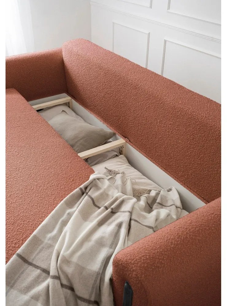 Terrakotta színű buklé kinyitható-tárolóhelyes kanapé 244 cm Arcadova – ELTAP