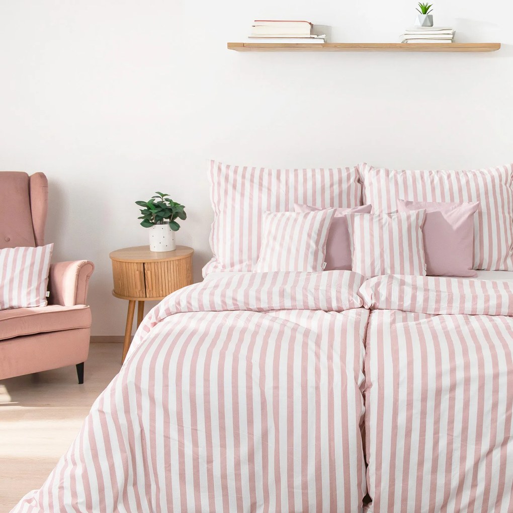 Goldea pamut ágyneműhuzat - púderrózsaszín csíkos 240 x 220 és 2db 70 x 90 cm