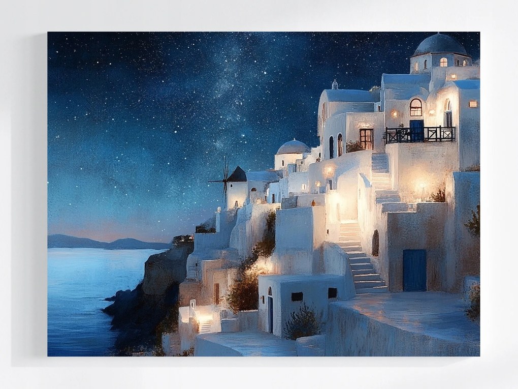 Vászonkép Canvas Tájkép Görögország Sziget Santorini Város Éjszaka 100x75