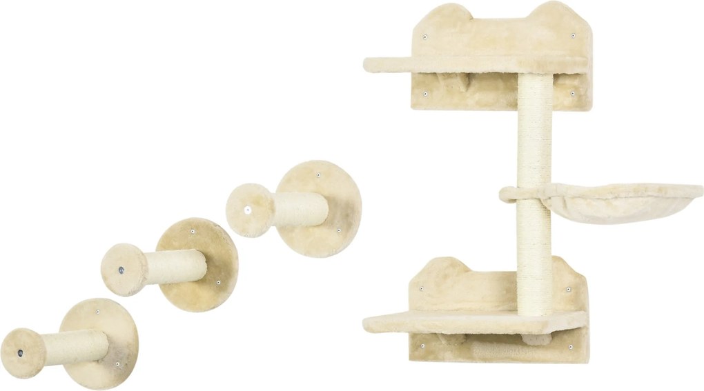 PawHut Macska Mászófal, 4 darabos, Macska Mászófal, 1 x Ugrótorony, 3 x Kaparóoszlop, Mászófal Szett, Kaparóoszlop Függőággyal, Fali Ülőpárna Macskákn