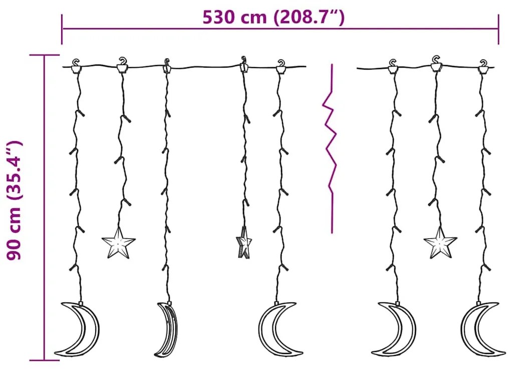 csillag és hold fényfüzér 345 színes LED-del és távirányítóval
