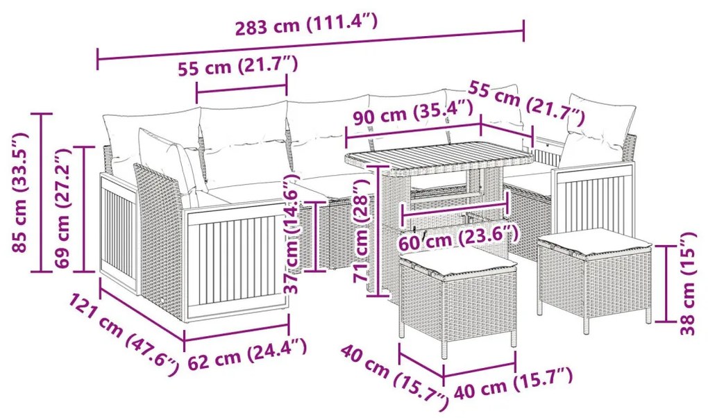 10 Darabos Kerti Sofa Készlet Párnákkal Szürke Poli Rattanból Akácos, 2-Fős Kerti Sofa Párnákkal Szürke Poli Rattanból, 3 Darabos Kerti Étkező Készlet Párnákkal Szürke Poli Rattanból Akácos