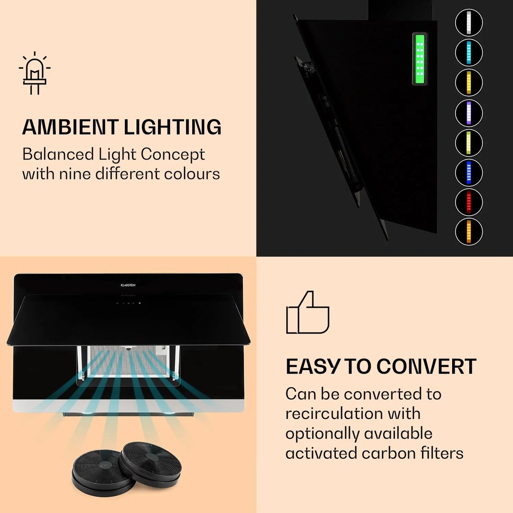 Klarstein Aurora Eco 90, páraelszívó, 90 cm, falra szerelhető, 550 m³/h, A+, érintéses vezérlés, fekete