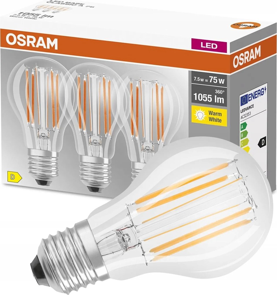 3x Led izzó E27 A60 7,5W 75W 1055lm 2700K Meleg 300° Filament Osram