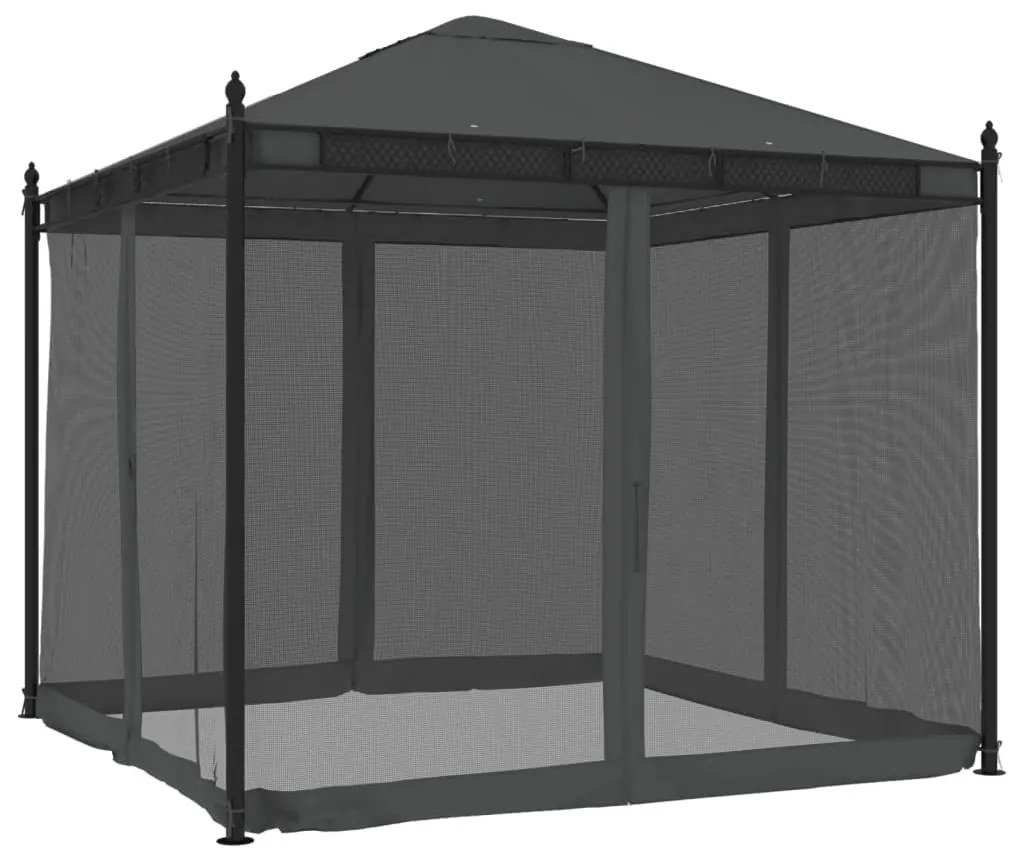 antracitszürke acél pavilon hálós oldalakkal 2,93 x 2,93 m