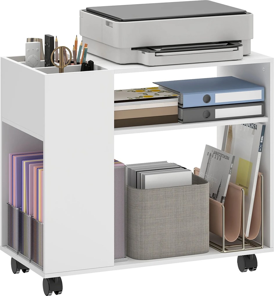 HOMCOM nyomtatóállvány osztható rendezővel, polcokkal és fékezőkerekekkel — kompakt irodai kocsi nyomtatóhoz, faxhoz és szkennerhez, 70 x 34 x 60 cm,