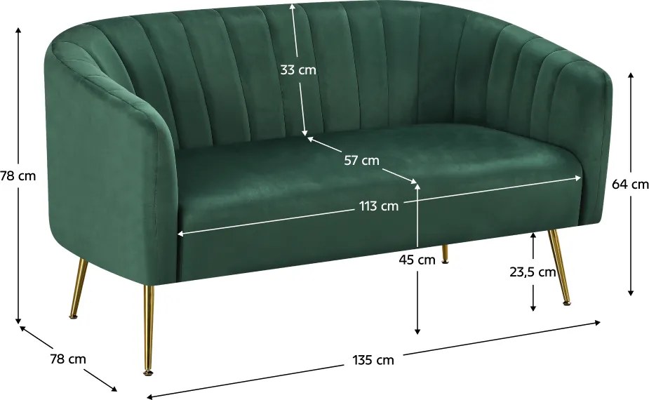Design kétszemélyes kanapé, sötétzöld Velvet szövet/gold króm-arany, BAGY