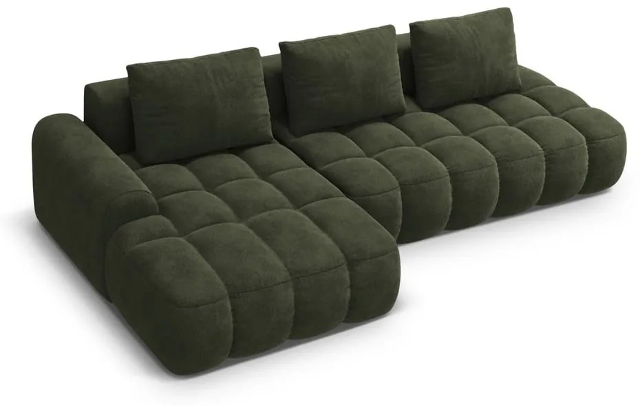 Zöld bársony kinyitható-tárolóhelyes sarokkanapé (bal oldali-heverő résszel) Linz – Cosmopolitan Design