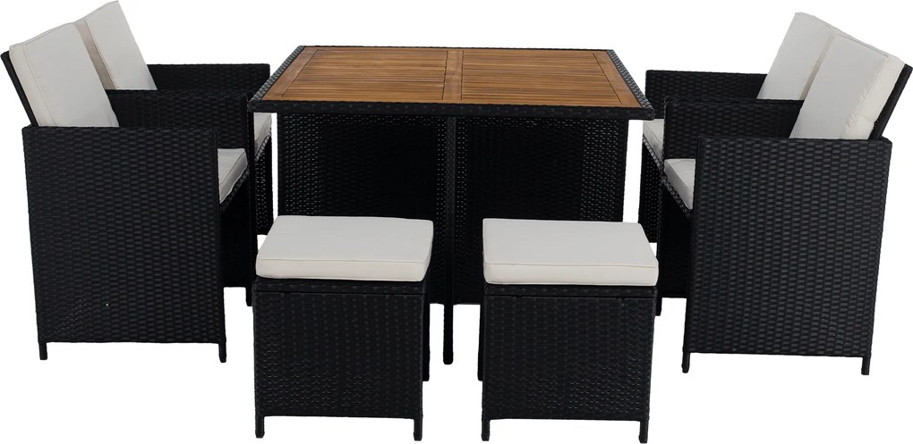 Kerti rattan szett, akácfa, fekete/krémszínű/természetes, MELFORD