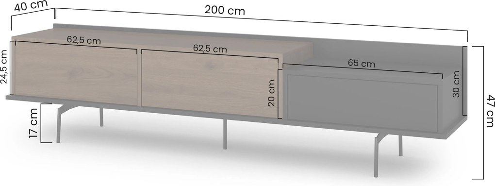 Zenar TV-szekrény 200 cm fém lábakkal és fiókkal - elegáns dió / fekete