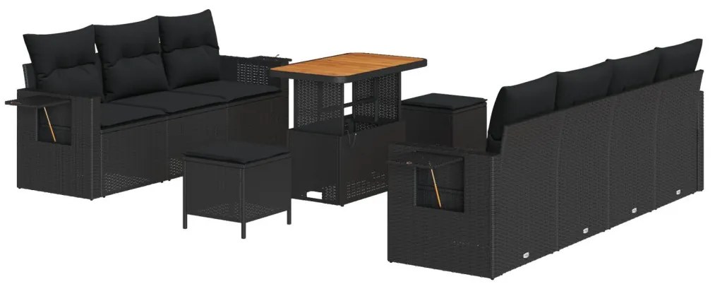 10 Részes Kert Szófa Különszett Párnákkal Fekete Poli Rattan Akácia, 3 Részes Kert Étkezős Szett Párnákkal Fekete Poli Rattan Akácia