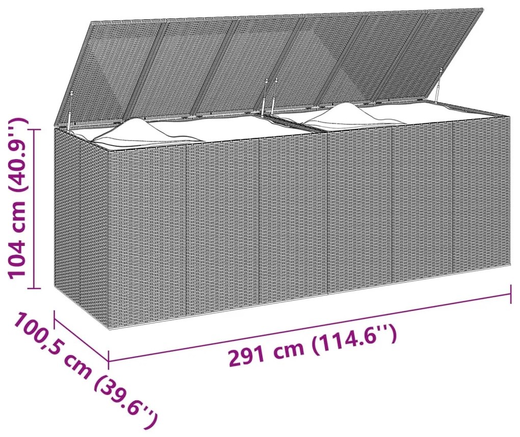 Szürke polyrattan kerti párnatartó doboz 291 x 100,5 x 104 cm