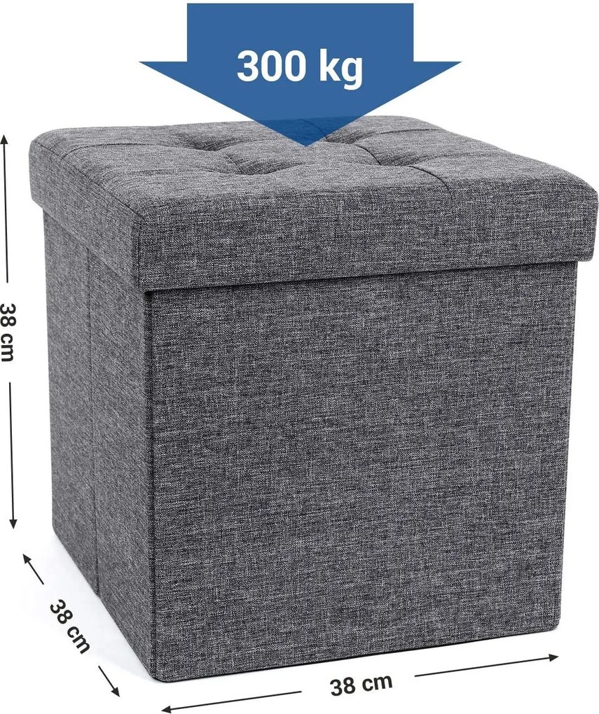 Összecsukható tárolópuff, 43 l, 38 x 38 x 38 cm, 300 kg statikus teherbírás, sötétszürke