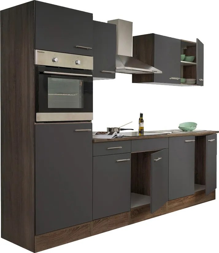 Yorki konyhabútor Yorki tölgy korpusszal, selyemfényű antracit fronttal 270 cm-es méretben