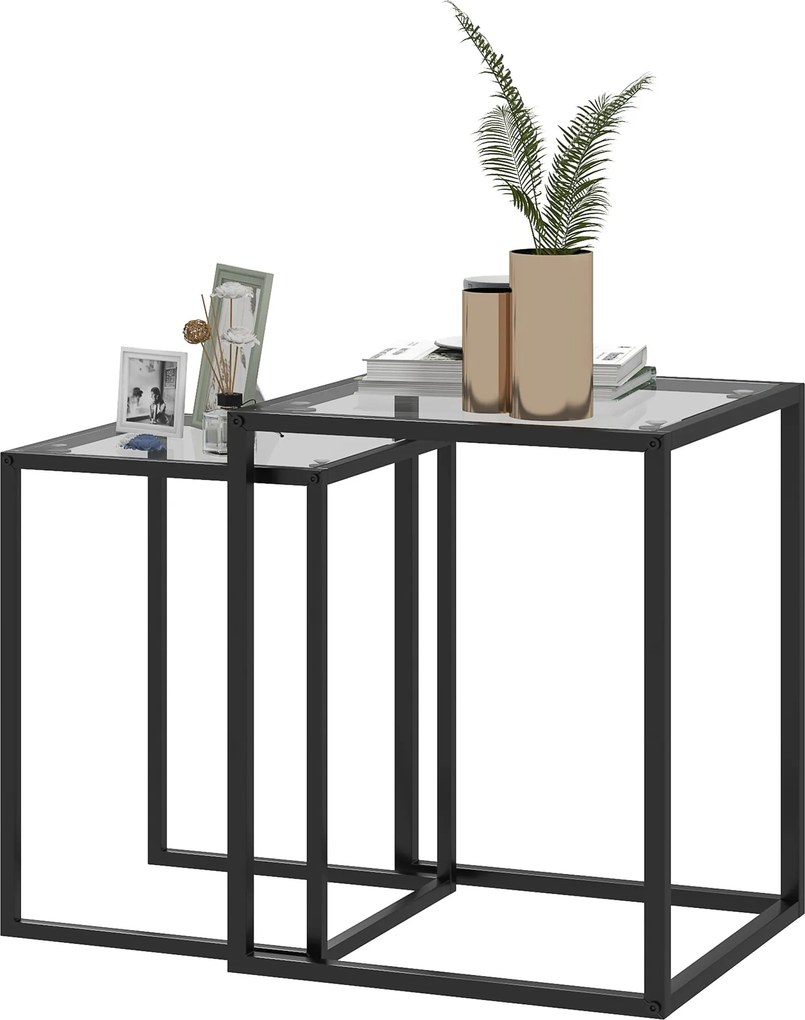 HOMCOM 2 db-os négyzet alakú, halmozható oldaltábla szett, üveg felső résszel és acél kerettel a nappaliba 33x33x45.5 cm és 42x42x50.8 cm fekete | Aos