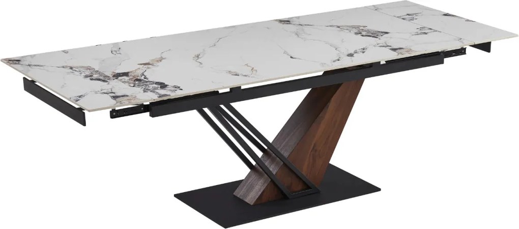 Kihúzható kerámia étkezőasztal 180–240 cm méretben, fehér márvány/dió színben REX 2