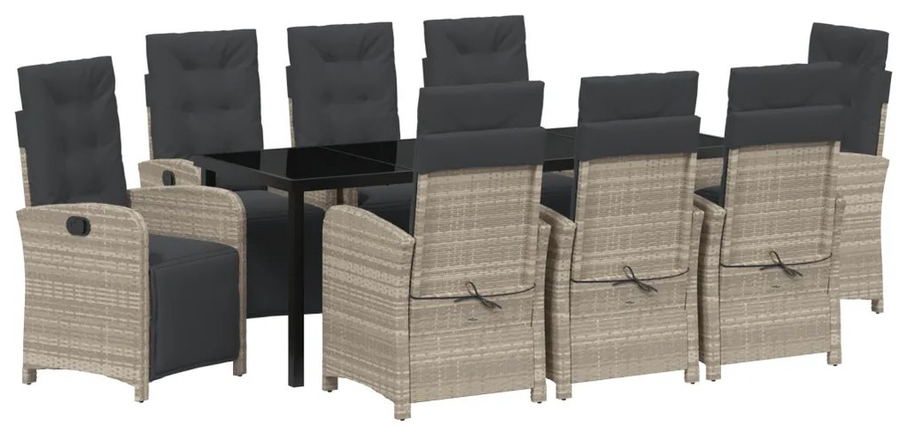 9 darabos kerti étkezőgarnitúra párnákkal, világosszürke poli rattan, fekete kültéri asztal 200x80x73 cm edzett üveggel