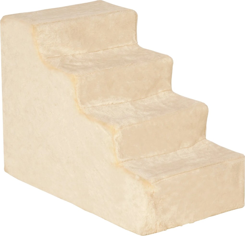 PawHut Kutya Lépcső 4-Lépcsős, 35 cm Macska Lépcső Ágyhoz és Kanapéhoz, Háziállat Lépcső Kutyáknak és Macskáknak 5 kg-ig, Plüss Hatás, Bézs | Aosom