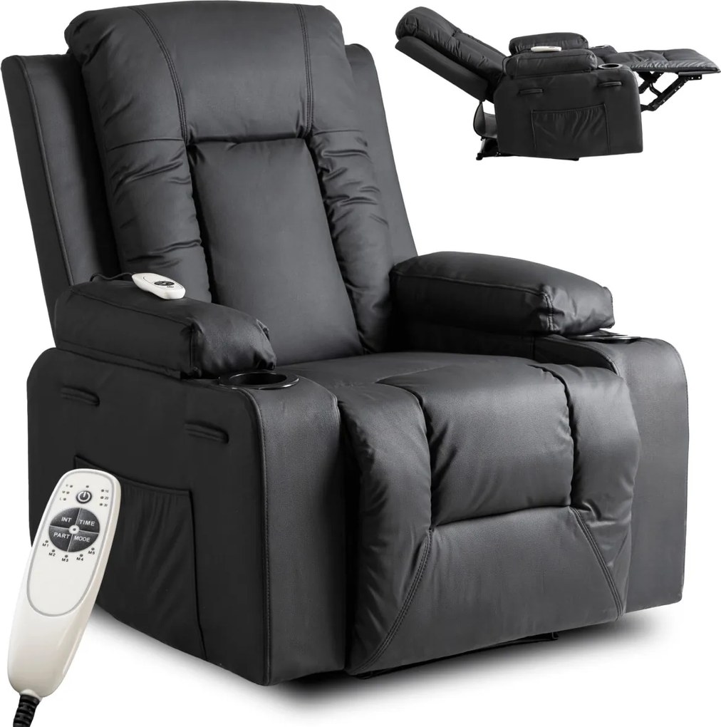 Masszírozós dönthető fotel fekete színben, műbőr kárpittal BOX