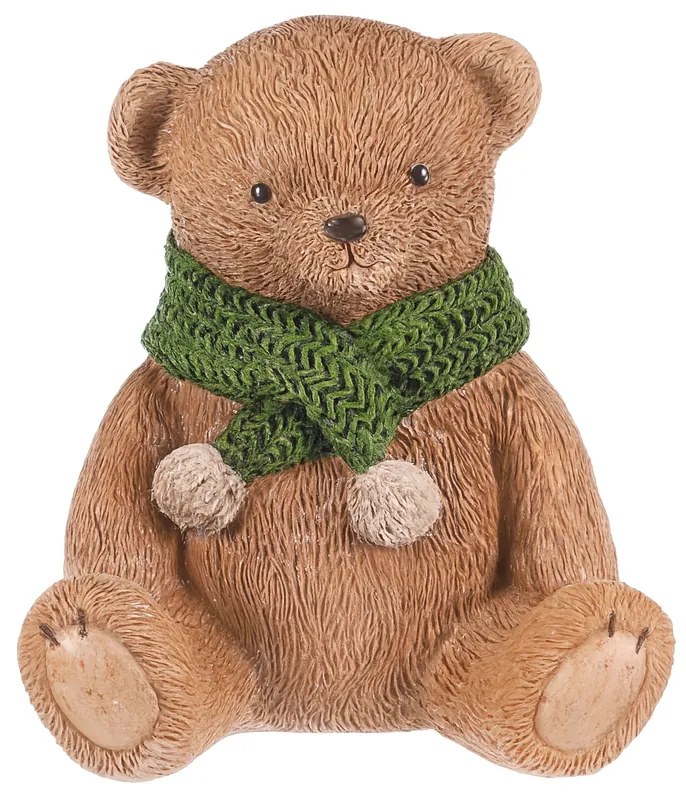 Dekoráció Medve zöld sállal, polirezín, 10 cm