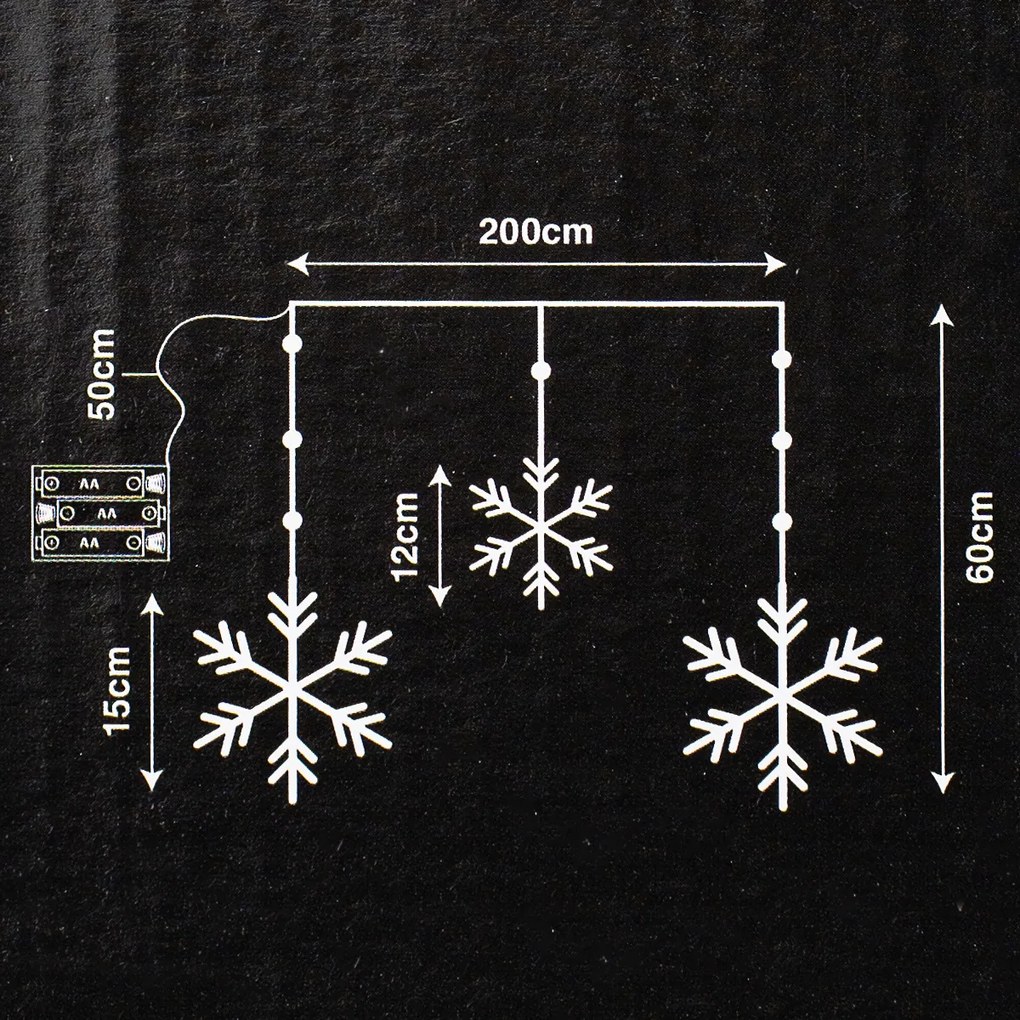 Kültéri fényfüzér Snowflakes, 200x60cm, LED, hidegfehér, időzítő, 8 funkció, elemes, 200 cm