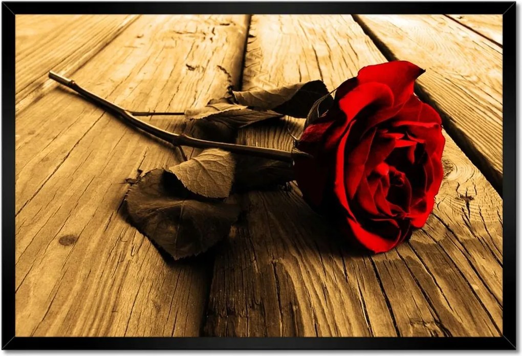 Poszter keretben 60x40 Rózsa szépia deszkákon
