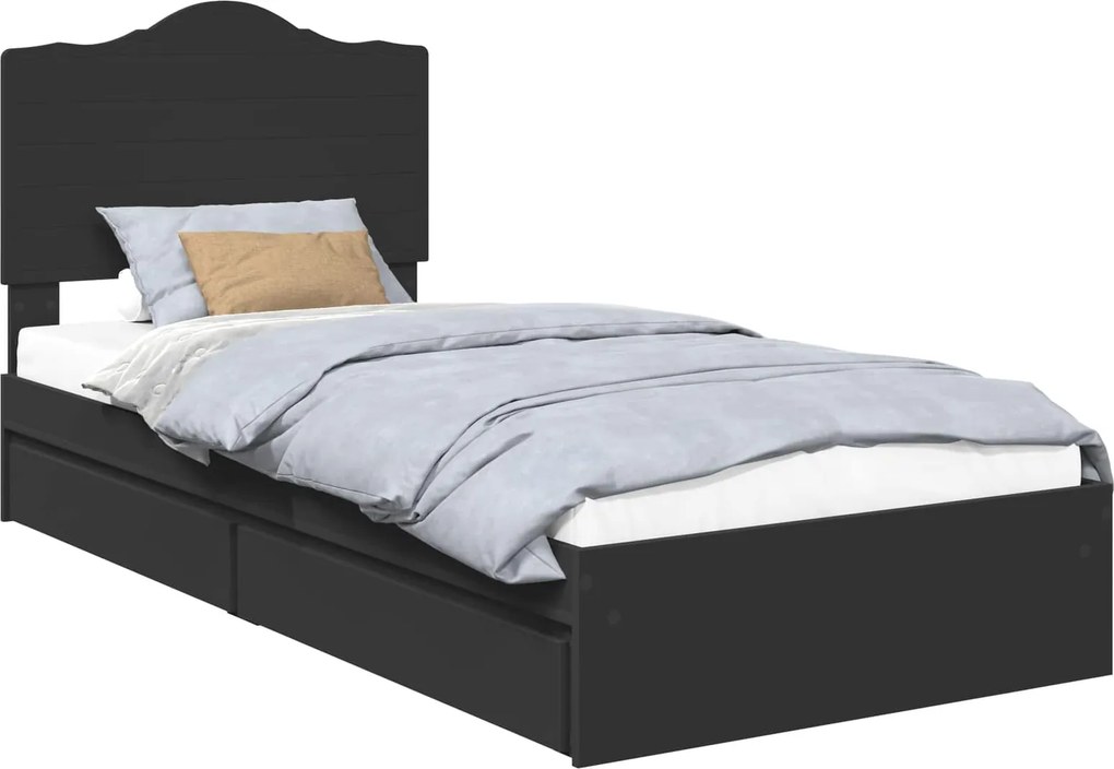 vidaXL Tárolós Ágy fejtámlával fiókkal Fekete 90 x 190 cm Faanyag