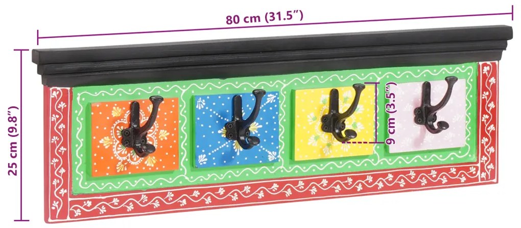 Falra akasztható kabátakasztó 4 akasztóval 80x25x2 cm Szilárd fa Mangó és MDF