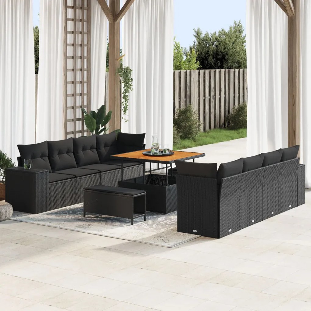 11 darabos kerti kanapészett párnákkal, fekete poly rattan akác, 3 darabos kerti étkező szett párnákkal, fekete poly rattan akác