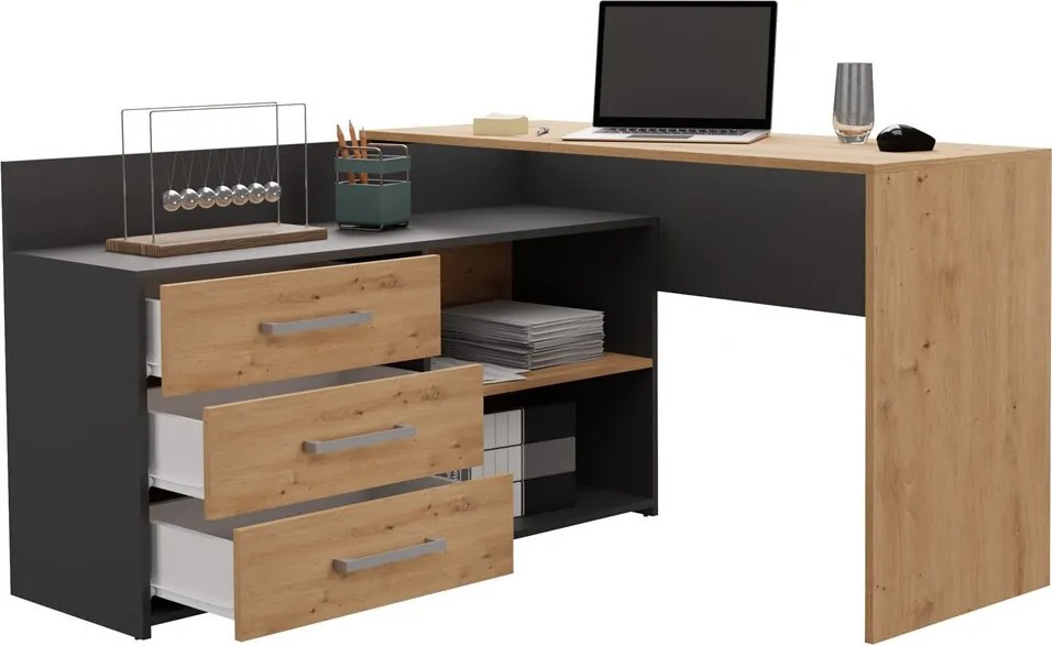 Dany sarok íróasztal polccal, tárolóval, antracit-tölgy