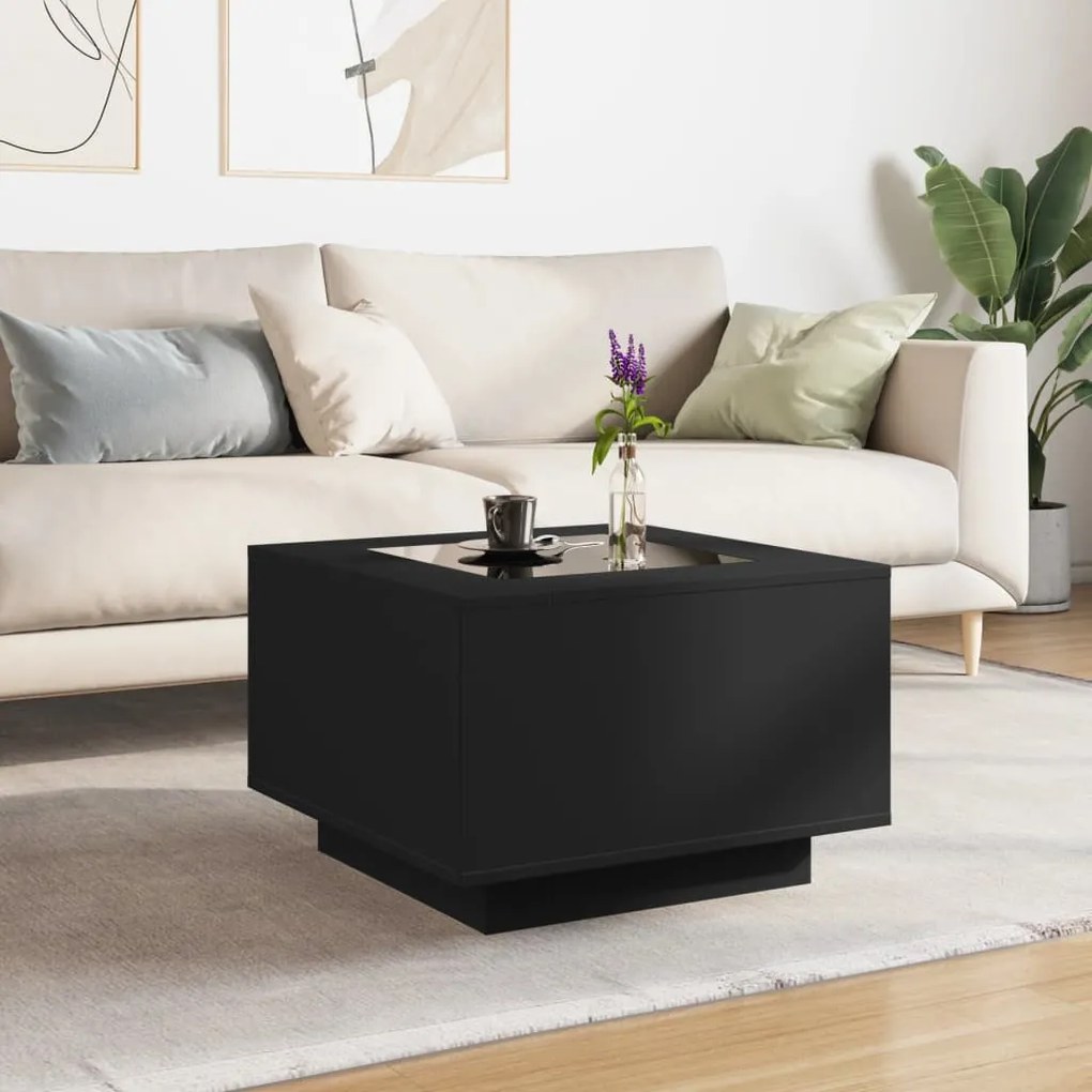 Fekete szerelt fa dohányzóasztal LED-lámpákkal 60 x 60 x 40 cm