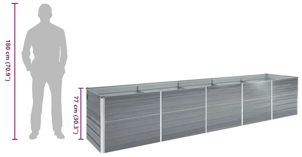 szürke horganyzott acél kerti magaságyás 400 x 80 x 77 cm