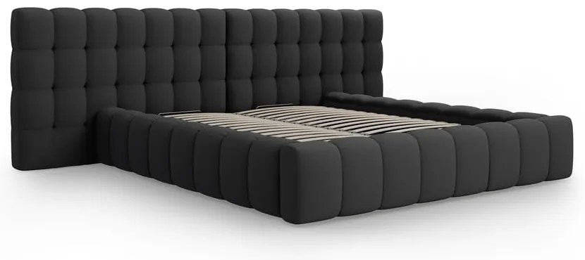 Fekete kárpitozott ágyneműtartós franciaágy ágyráccsal 180x200 cm Mamaia – Micadoni Home