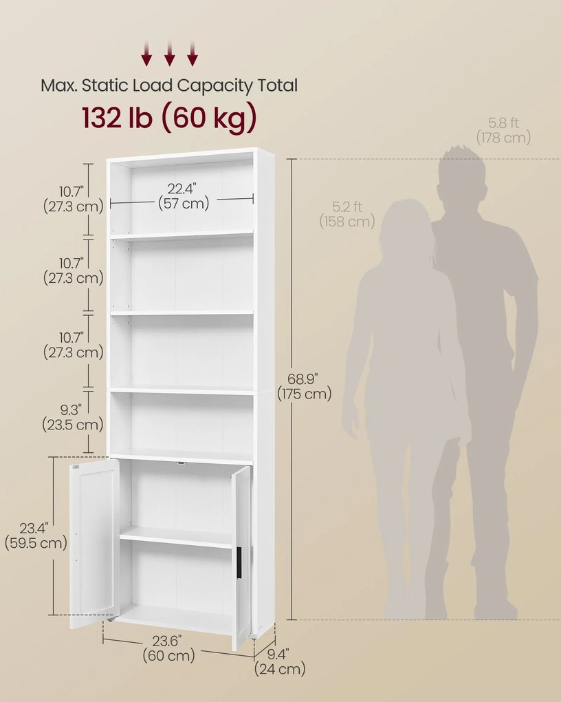 6 polcos ajtós könyvespolc felhőfehér nappaliba, irodába, étkezőbe