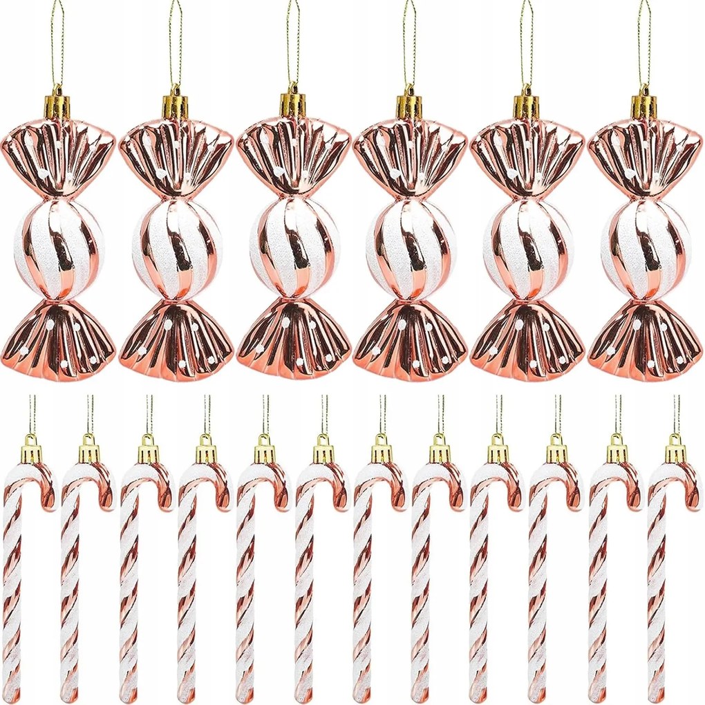 Cukorka alakú karácsonyfadísz rózsaszín-arany színben 18db-os szett