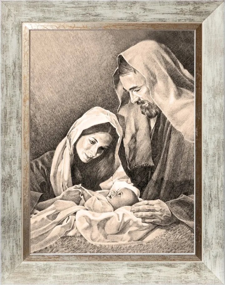 Szent Család Szakrális Vászonkép Fehér Díszített Keretben 30X40