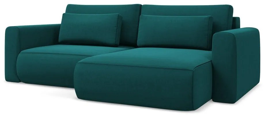 Türkiz bársony kinyitható-tárolóhelyes sarokkanapé (jobb oldali-heverő résszel) Kapua – Makamii