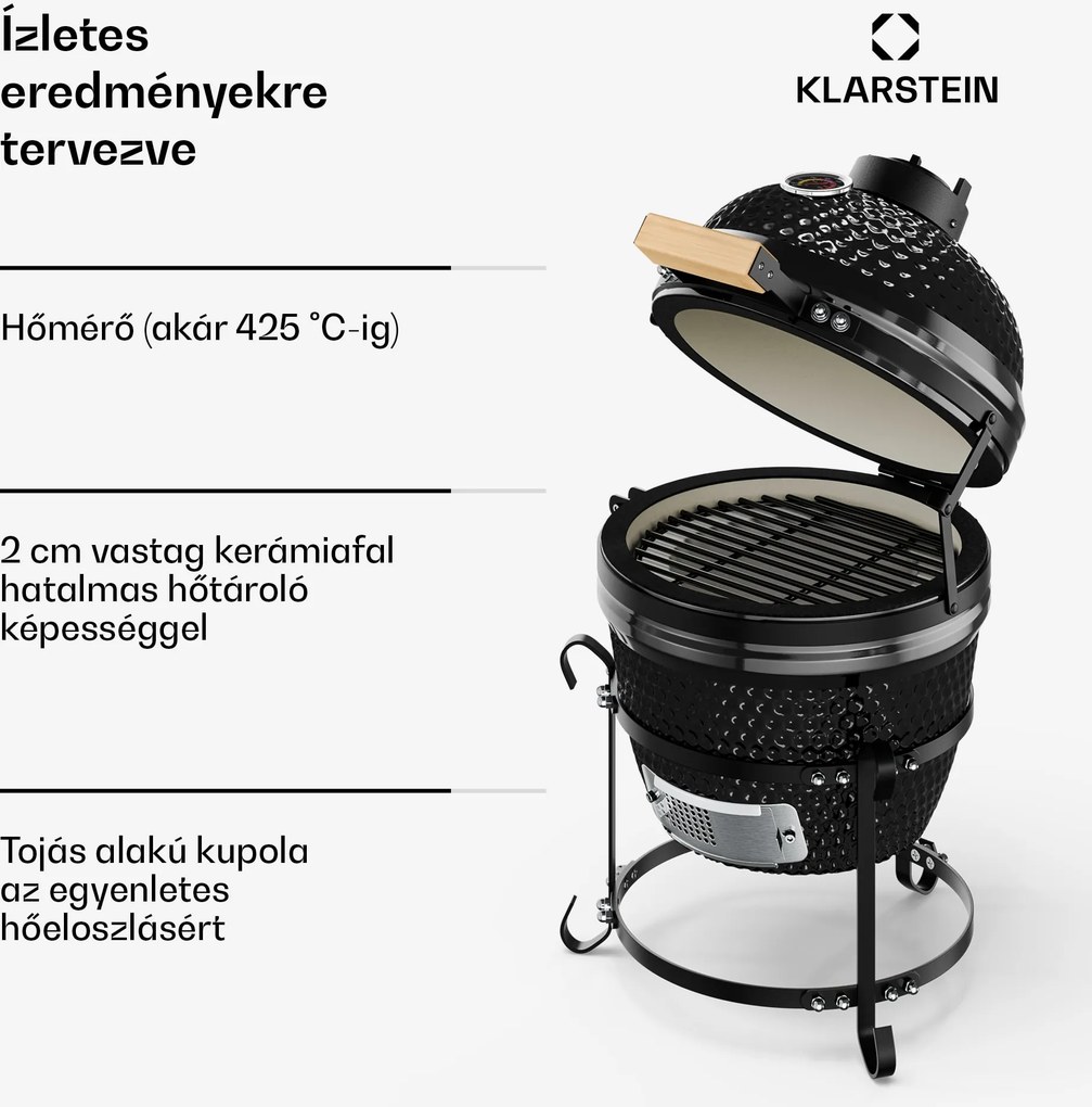 Klarstein Princesize, kamado grill, kerámia, 11", füstölés, BBQ, lassú sütés, fekete