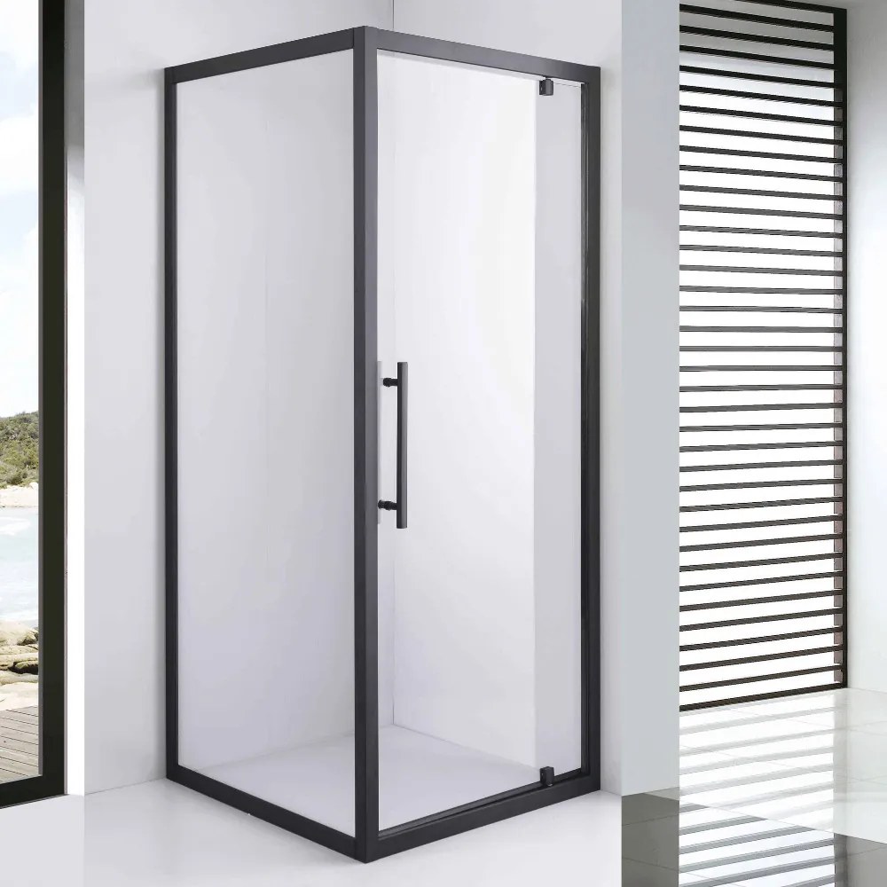 Stuxi Torino Black 90x90 szögletes nyílóajtós zuhanykabin 6 mm vízlepergető biztonsági üveggel, fekete elemekkel, 200 cm magas