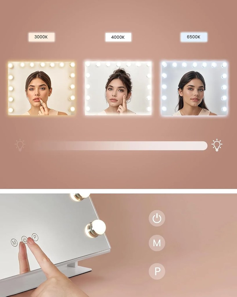 SONGMICS sminktükör világítással, 58 x 43 cm, kozmetikai tükör 15 LED izzóval, matt fehér