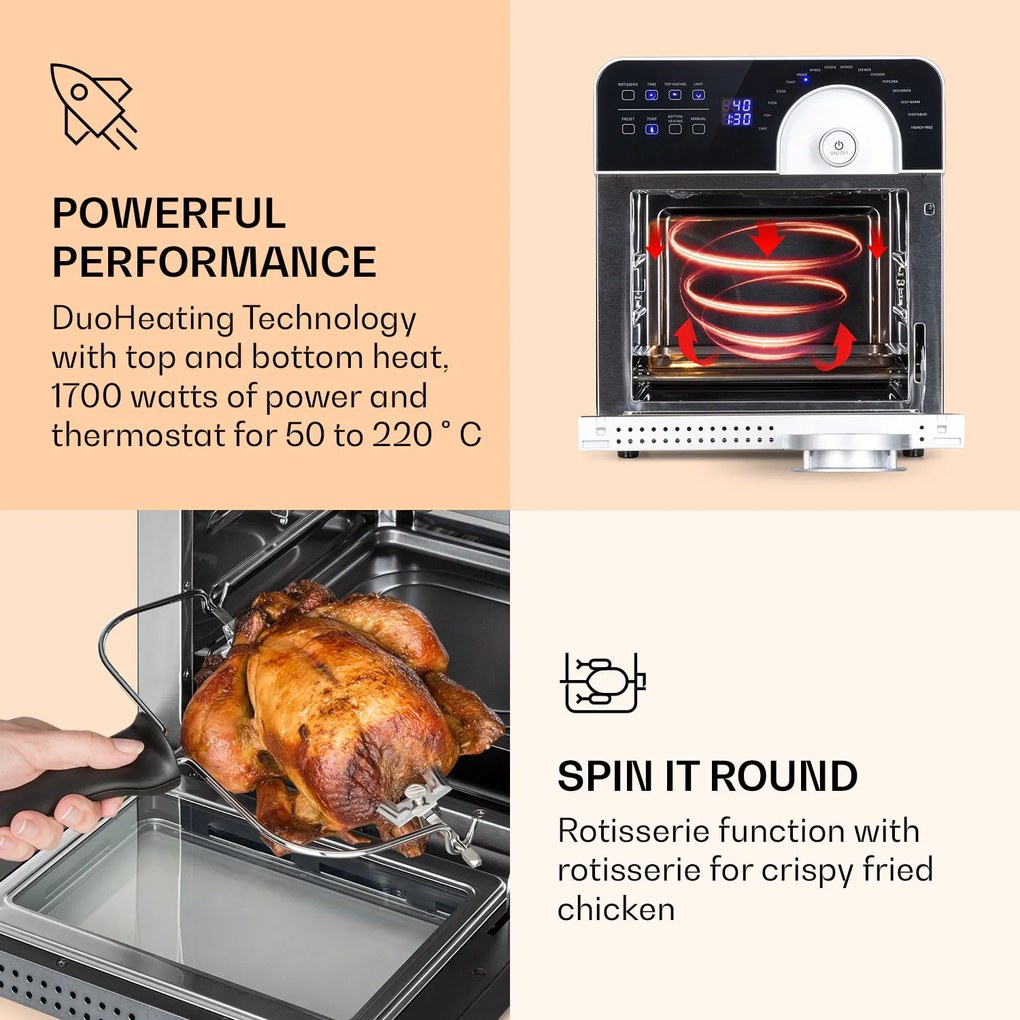 Klarstein AeroVital Cube Chef, forrólevegős fritőz, 1700 W, 14 l, 16 program, felső és alsó fűtés