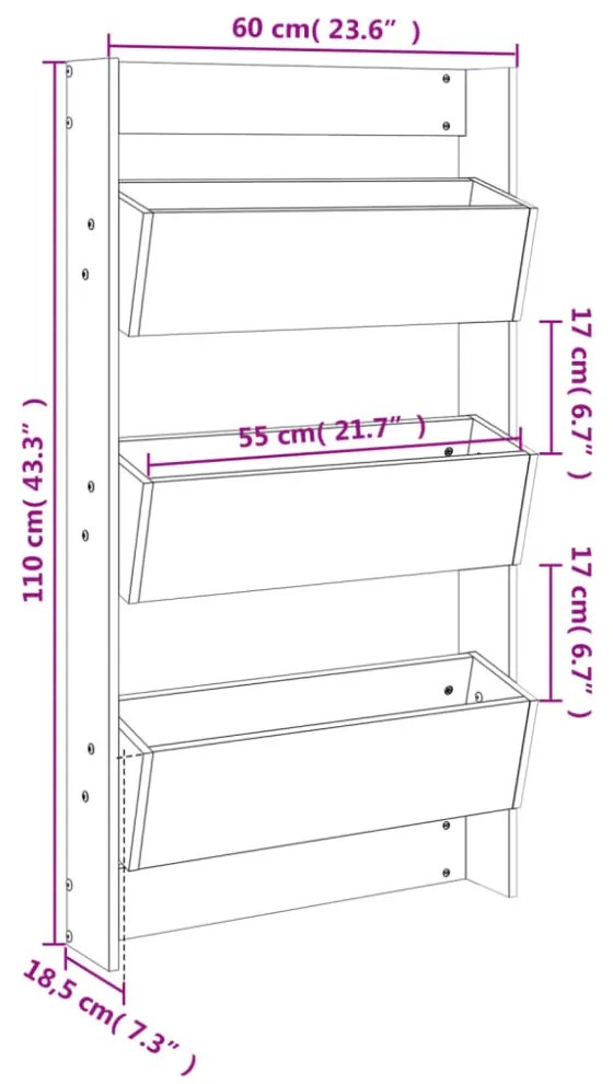 fekete 3 szintes tömör fenyőfa fali virágtartó 60x18,5x110 cm